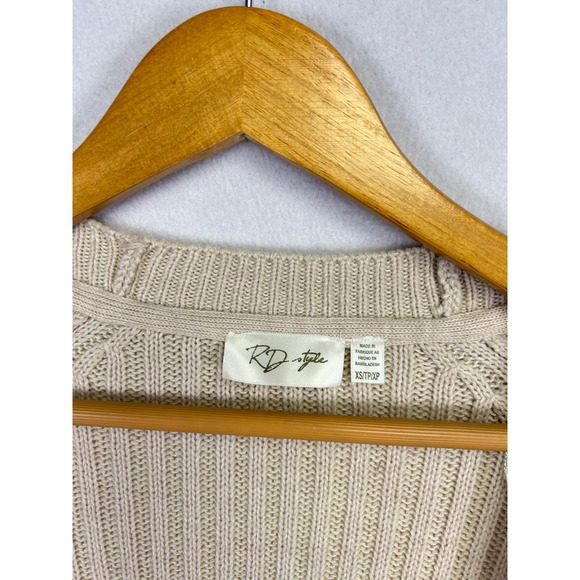 RD Style Women Beige Ribbed Long Sleeve Cardigan Sweater Elbow Patches Size XS - Picture 2 of 9